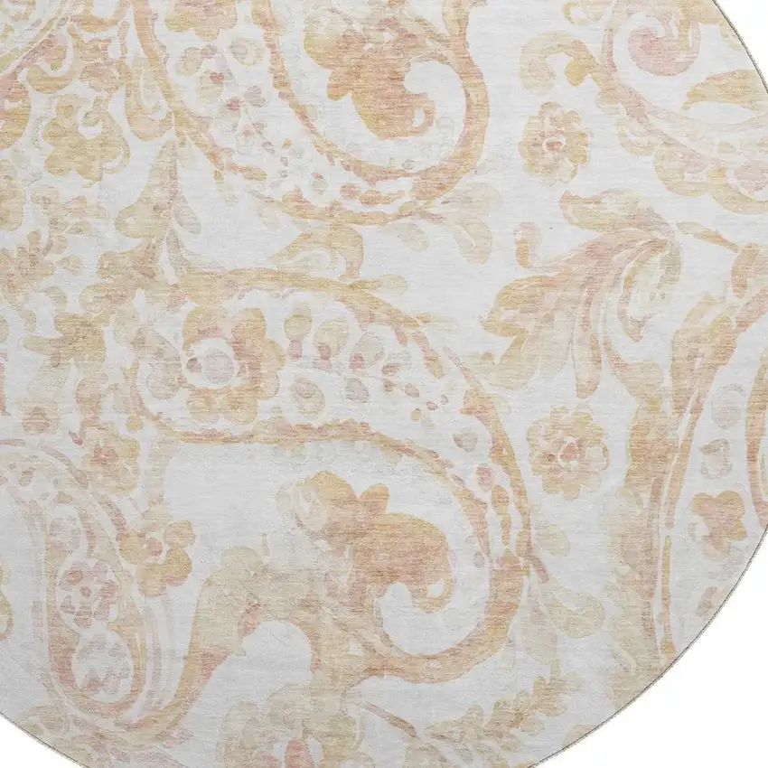 8' Coral And Ivory Paisley Washable Round Rug With UV Protection Photo 3