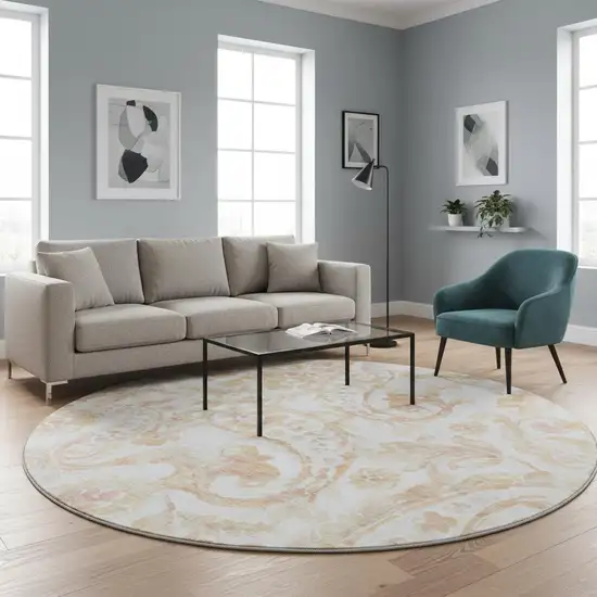 8' Coral And Ivory Paisley Washable Round Rug With UV Protection Photo 2