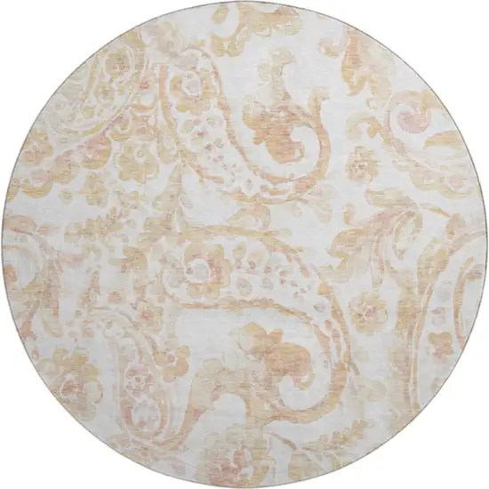 8' Coral And Ivory Paisley Washable Round Rug With UV Protection Photo 1