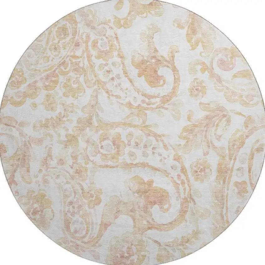 8' Coral And Ivory Paisley Washable Round Rug With UV Protection Photo 4