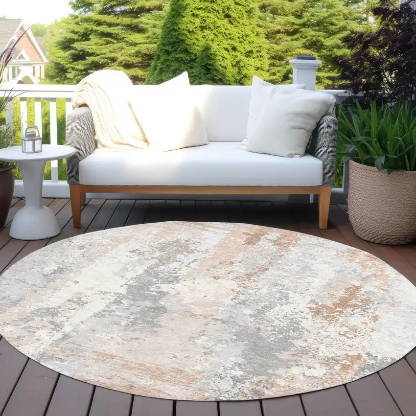 8' Coral And Ivory Round Abstract Washable Indoor Outdoor Area Rug Photo 5