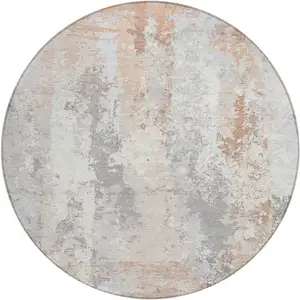 Photo of 8' Coral And Ivory Round Abstract Washable Indoor Outdoor Area Rug