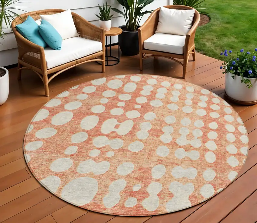 8' Coral And Ivory Round Abstract Washable Indoor Outdoor Area Rug Photo 1