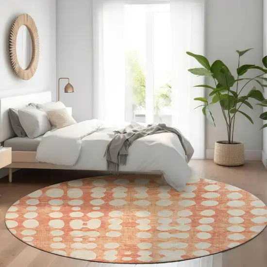 8' Coral And Ivory Round Abstract Washable Indoor Outdoor Area Rug Photo 8