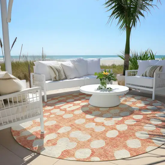 8' Coral And Ivory Round Abstract Washable Indoor Outdoor Area Rug Photo 7