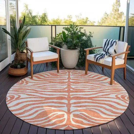 8' Coral And Ivory Round Animal Print Washable Indoor Outdoor Area Rug Photo 8