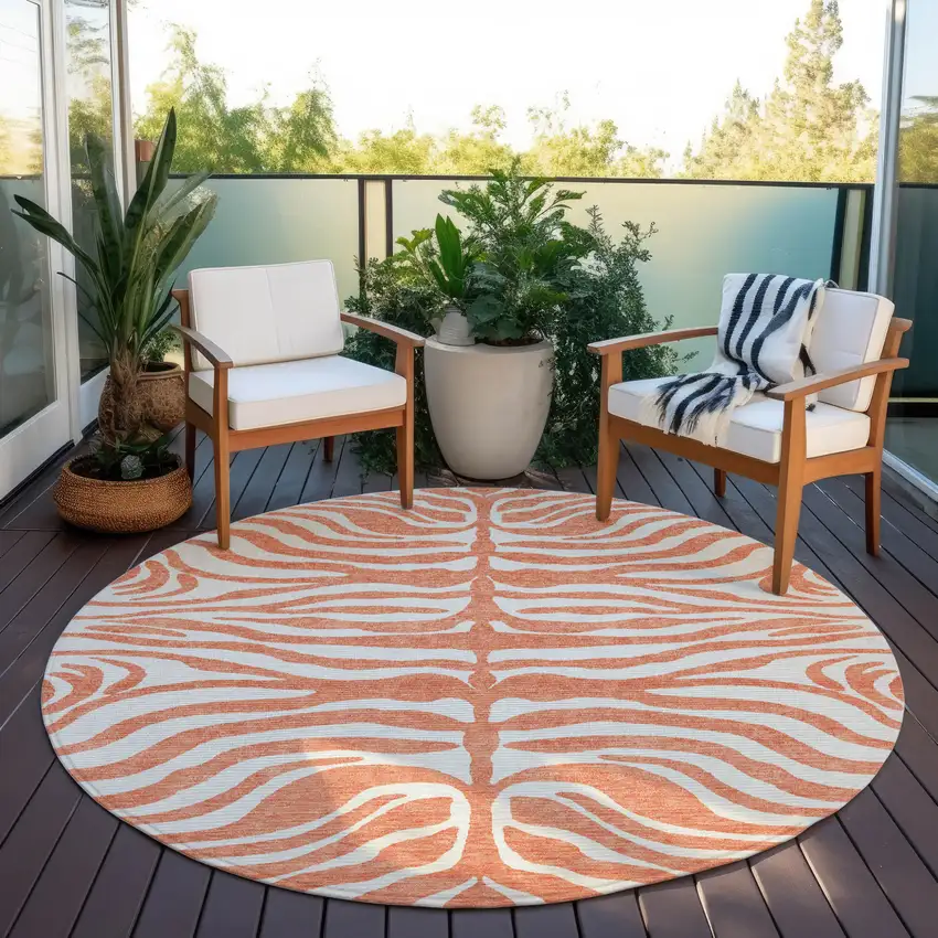 8' Coral And Ivory Round Animal Print Washable Indoor Outdoor Area Rug Photo 8