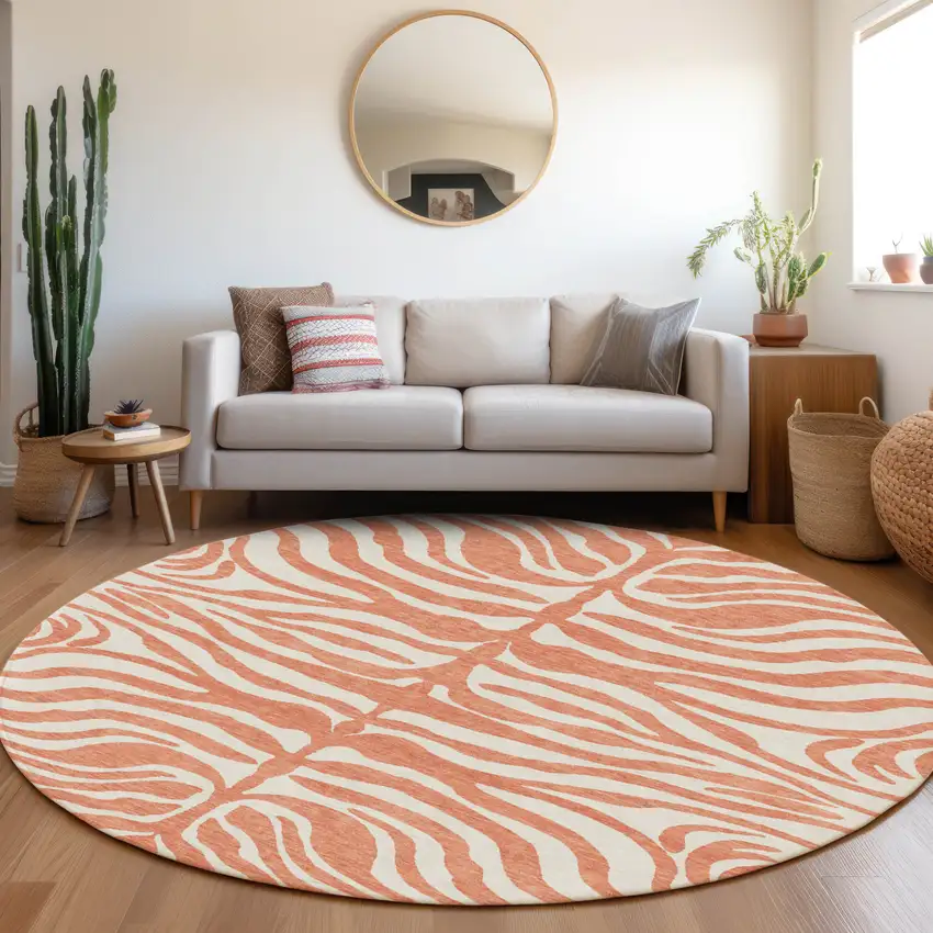 8' Coral And Ivory Round Animal Print Washable Indoor Outdoor Area Rug Photo 9