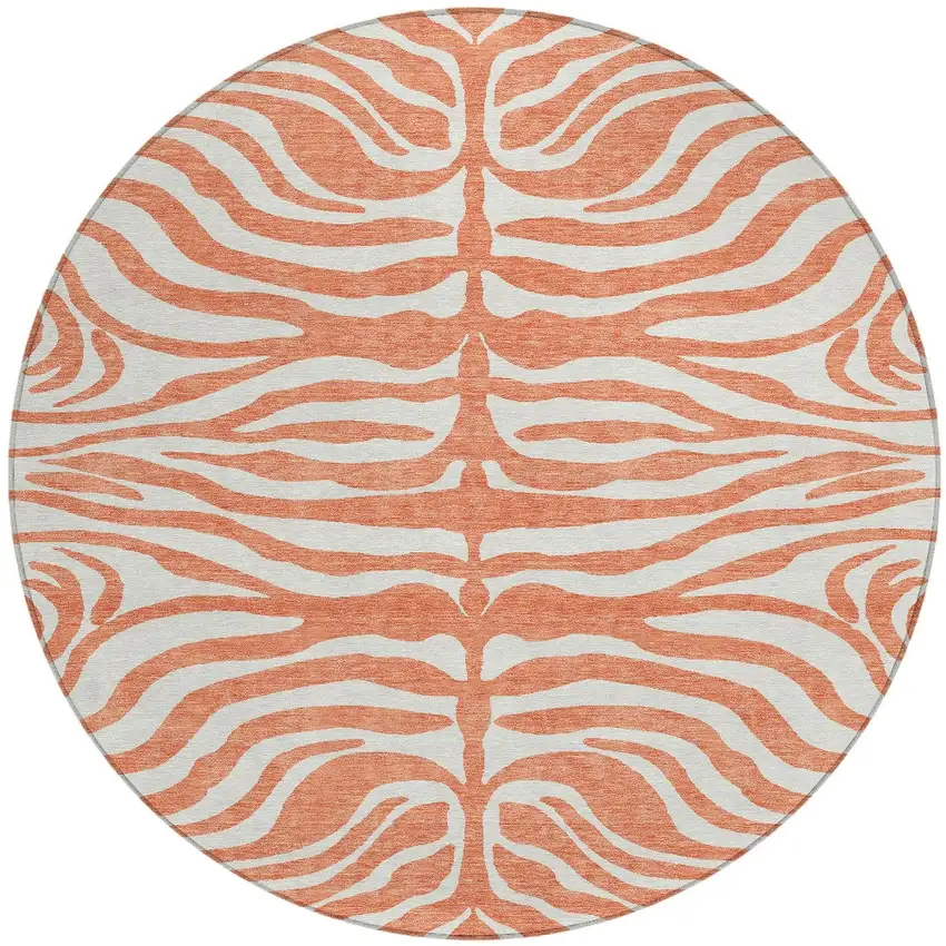 8' Coral And Ivory Round Animal Print Washable Indoor Outdoor Area Rug Photo 3