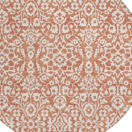 8' Coral And Ivory Round Damask Washable Indoor Outdoor Area Rug Photo 4