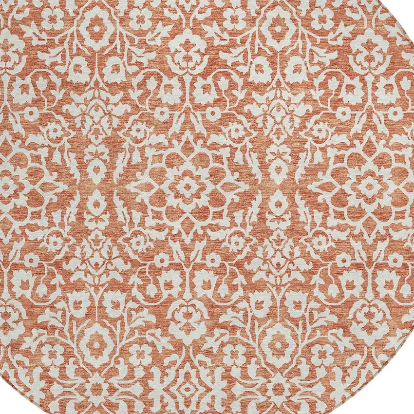 8' Coral And Ivory Round Damask Washable Indoor Outdoor Area Rug Photo 4