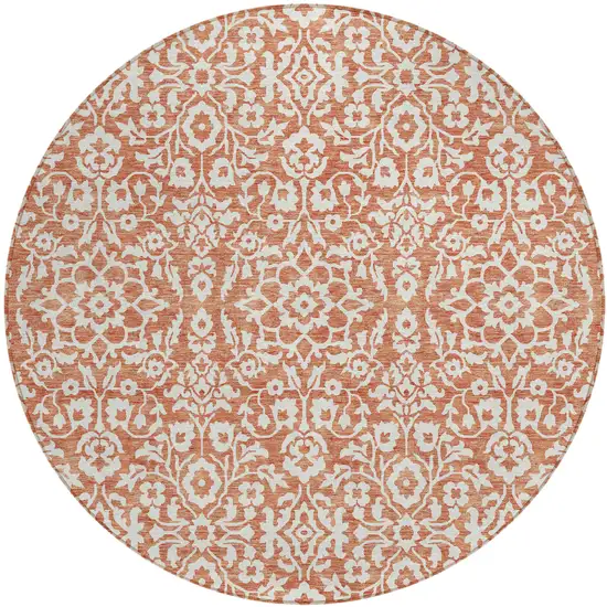 8' Coral And Ivory Round Damask Washable Indoor Outdoor Area Rug Photo 2