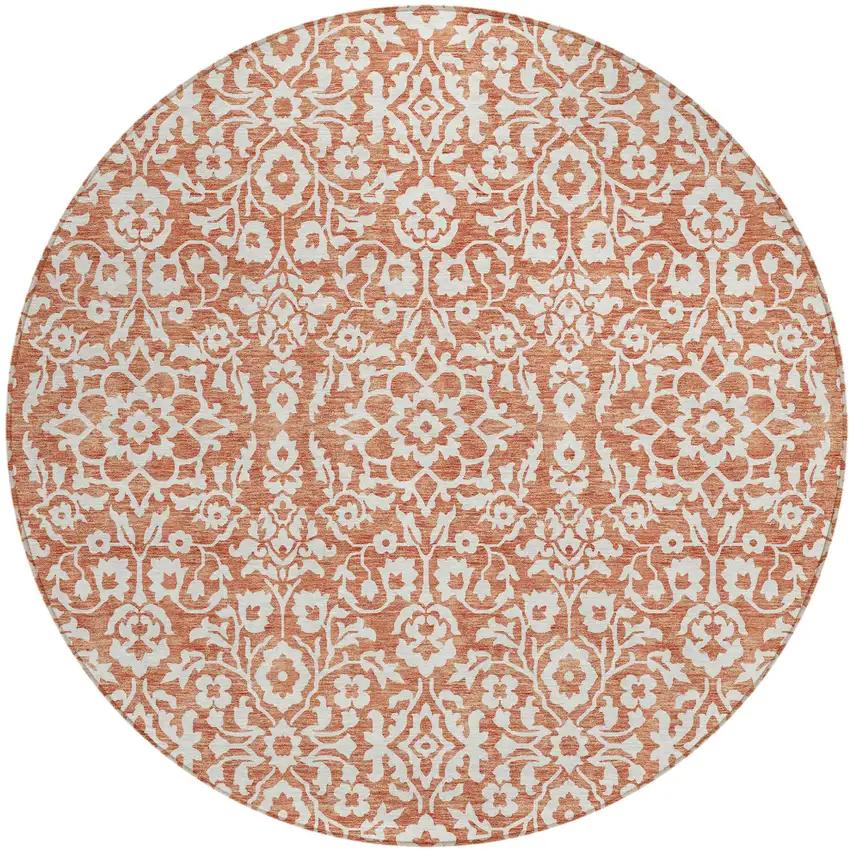 8' Coral And Ivory Round Damask Washable Indoor Outdoor Area Rug Photo 2