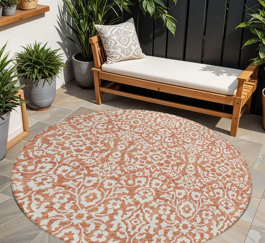 8' Coral And Ivory Round Damask Washable Indoor Outdoor Area Rug Photo 1