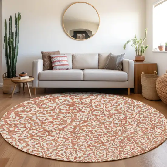 8' Coral And Ivory Round Damask Washable Indoor Outdoor Area Rug Photo 7