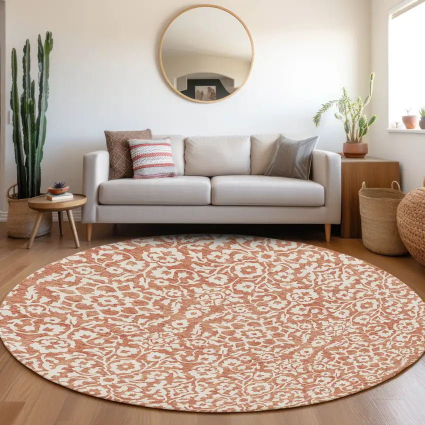 8' Coral And Ivory Round Damask Washable Indoor Outdoor Area Rug Photo 7