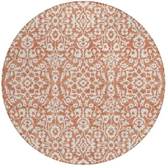 8' Coral And Ivory Round Damask Washable Indoor Outdoor Area Rug Photo 5