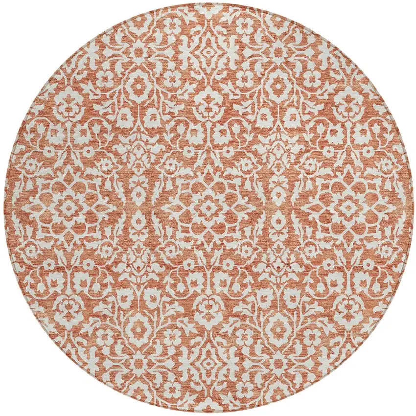 8' Coral And Ivory Round Damask Washable Indoor Outdoor Area Rug Photo 5
