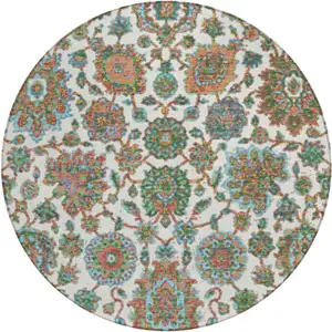 Photo of 8' Coral And Ivory Round Floral Medallion Washable Indoor Outdoor Area Rug