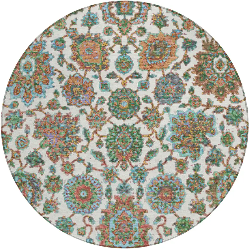 8' Coral And Ivory Round Floral Medallion Washable Indoor Outdoor Area Rug Photo 1