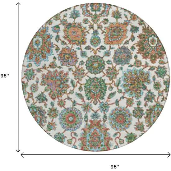 8' Coral And Ivory Round Floral Medallion Washable Indoor Outdoor Area Rug Photo 9