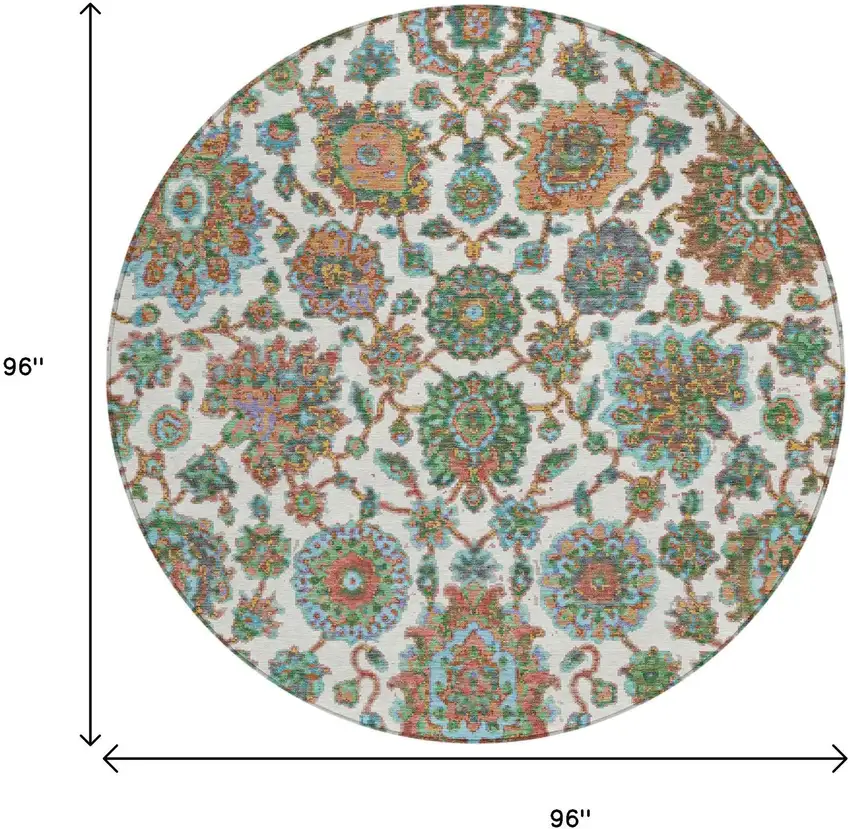 8' Coral And Ivory Round Floral Medallion Washable Indoor Outdoor Area Rug Photo 9