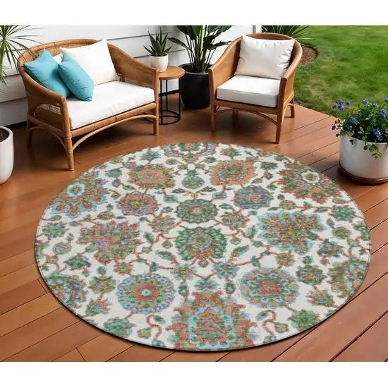 8' Coral And Ivory Round Floral Medallion Washable Indoor Outdoor Area Rug Photo 2