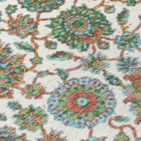 8' Coral And Ivory Round Floral Medallion Washable Indoor Outdoor Area Rug Photo 6