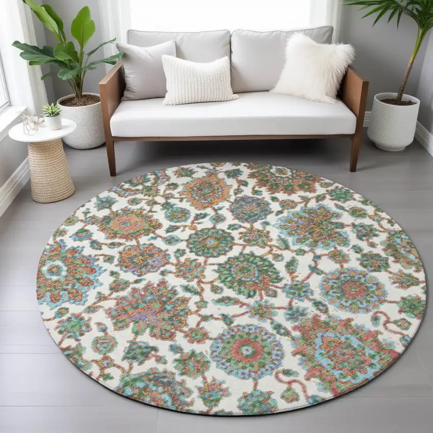 8' Coral And Ivory Round Floral Medallion Washable Indoor Outdoor Area Rug Photo 8