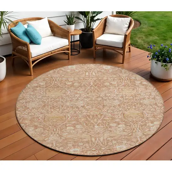 8' Coral And Ivory Round Floral Washable Indoor Outdoor Area Rug Photo 1