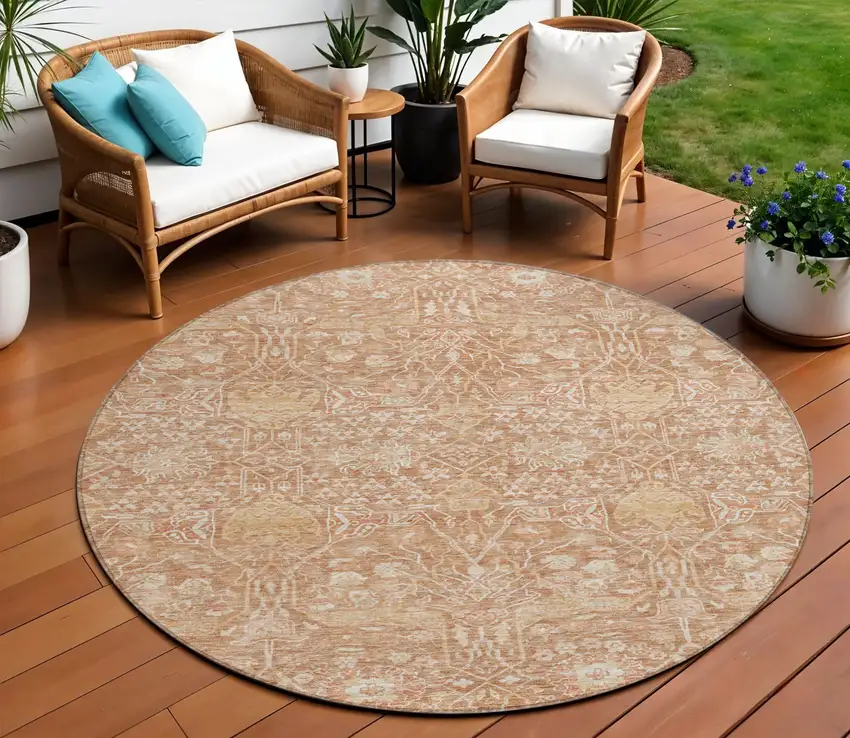 8' Coral And Ivory Round Floral Washable Indoor Outdoor Area Rug Photo 1