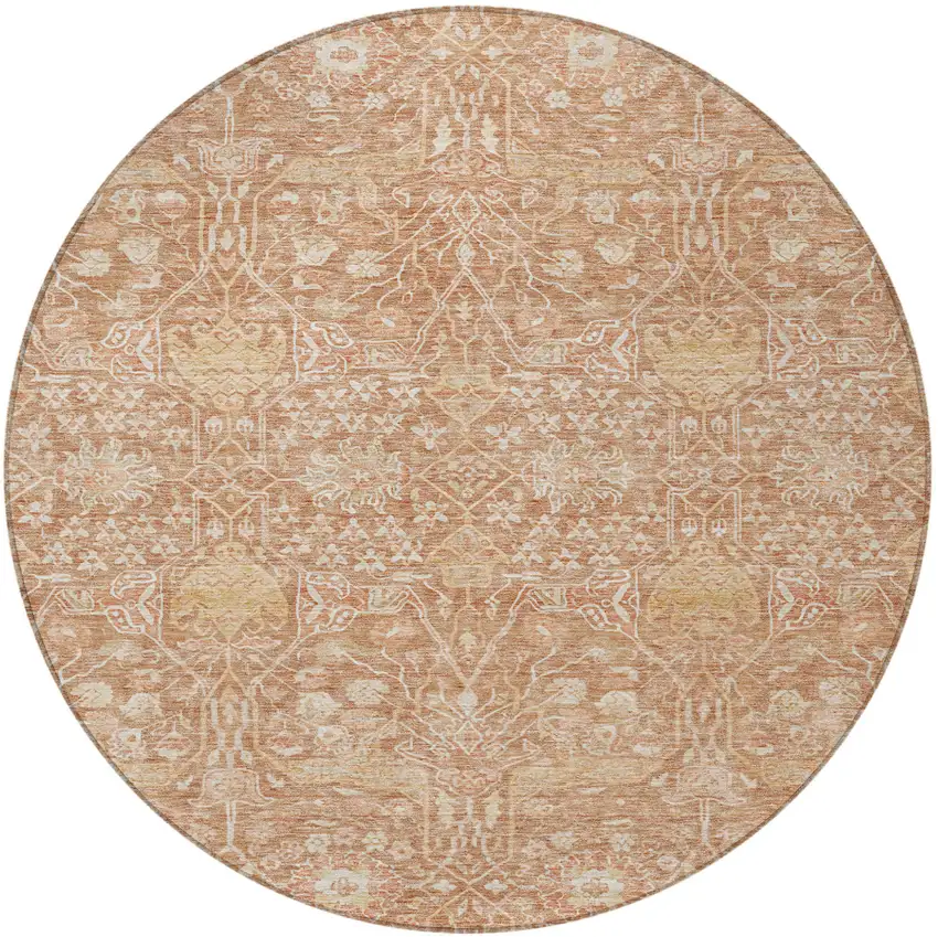 8' Coral And Ivory Round Floral Washable Indoor Outdoor Area Rug Photo 5