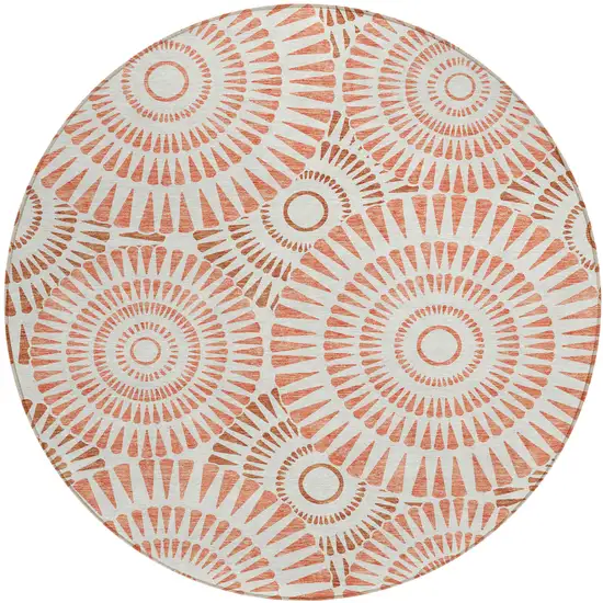 8' Coral And Ivory Round Geometric Washable Indoor Outdoor Area Rug Photo 2