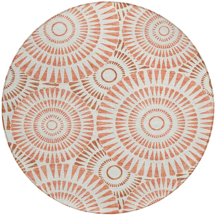 8' Coral And Ivory Round Geometric Washable Indoor Outdoor Area Rug Photo 2