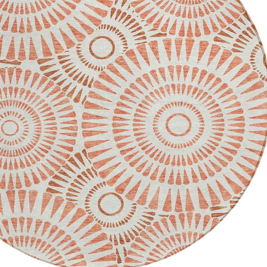 8' Coral And Ivory Round Geometric Washable Indoor Outdoor Area Rug Photo 5