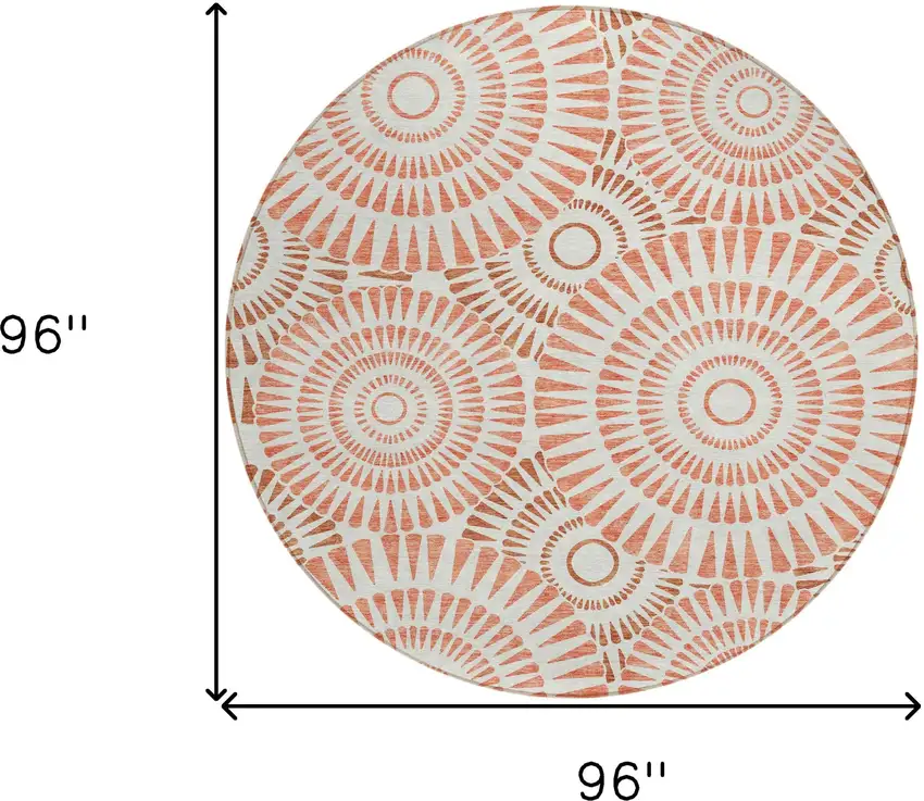 8' Coral And Ivory Round Geometric Washable Indoor Outdoor Area Rug Photo 3
