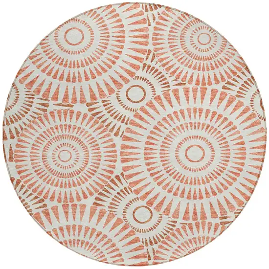 8' Coral And Ivory Round Geometric Washable Indoor Outdoor Area Rug Photo 6