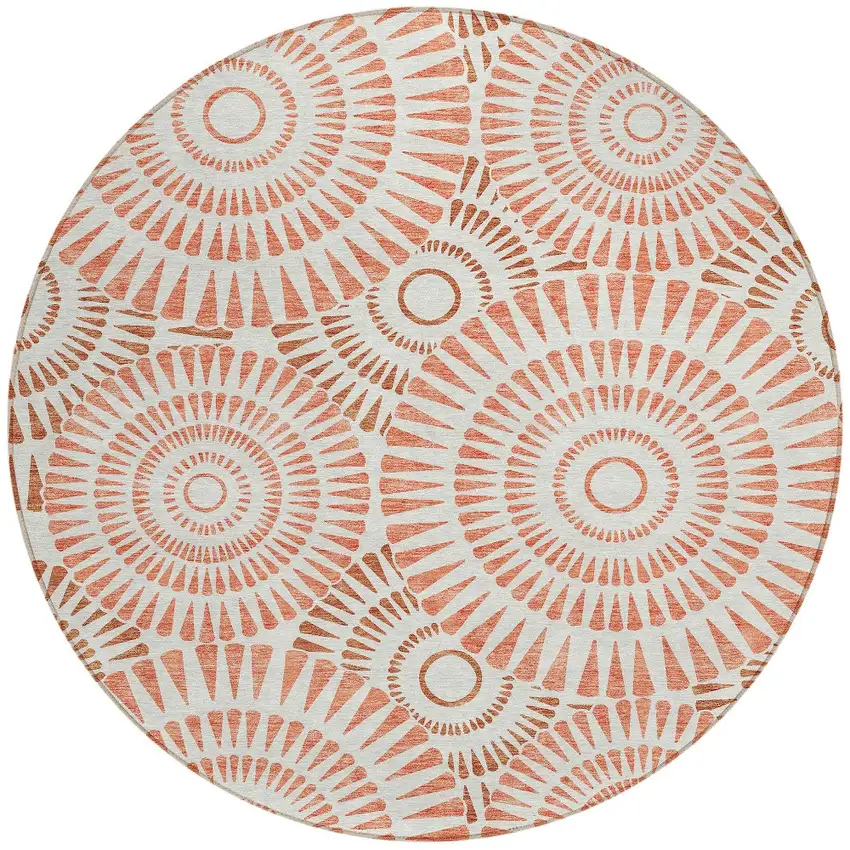 8' Coral And Ivory Round Geometric Washable Indoor Outdoor Area Rug Photo 6