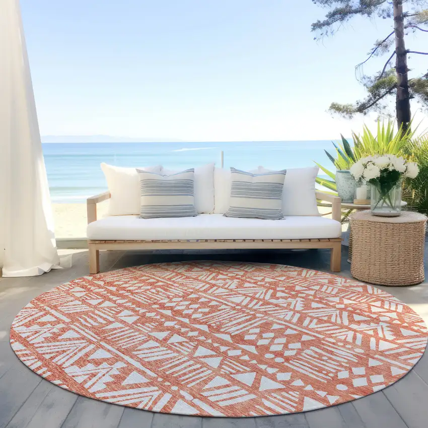 8' Coral And Ivory Round Southwestern Washable Indoor Outdoor Area Rug Photo 7