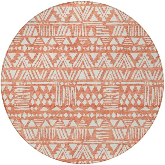 8' Coral And Ivory Round Southwestern Washable Indoor Outdoor Area Rug Photo 6