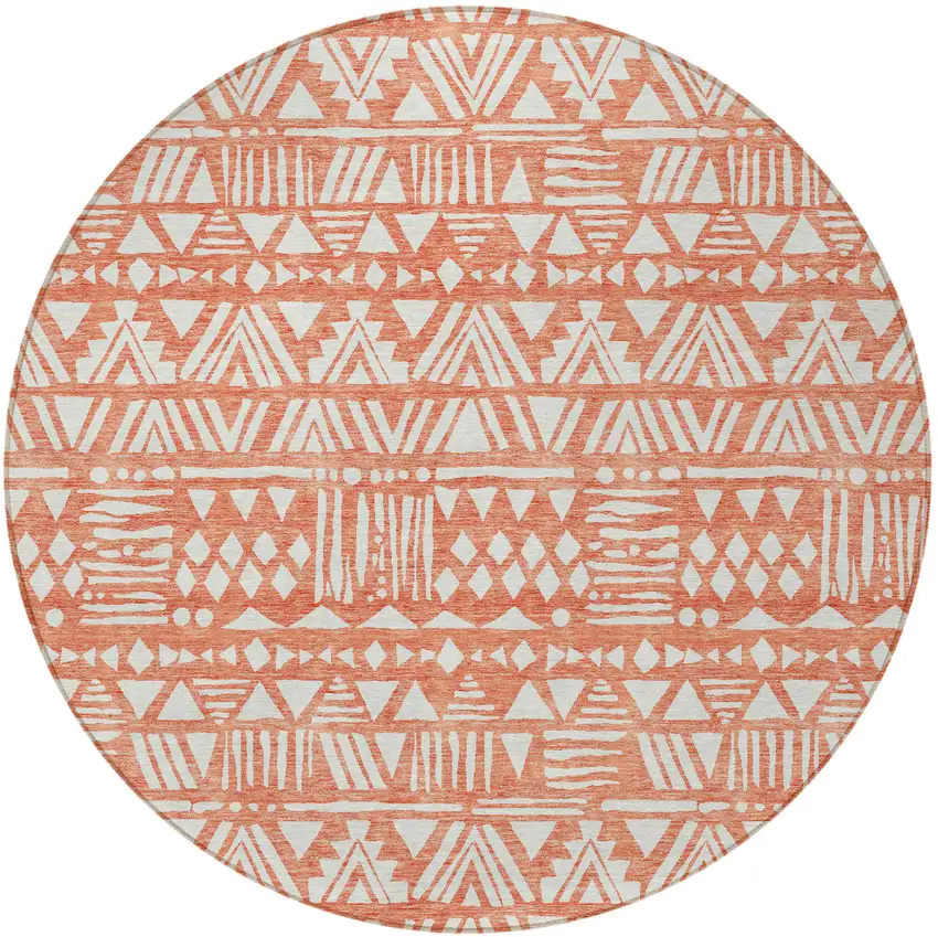 8' Coral And Ivory Round Southwestern Washable Indoor Outdoor Area Rug Photo 6