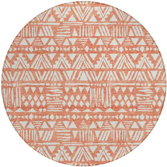 8' Coral And Ivory Round Southwestern Washable Indoor Outdoor Area Rug Photo 2