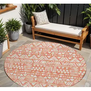 Photo of 8' Coral And Ivory Round Southwestern Washable Indoor Outdoor Area Rug