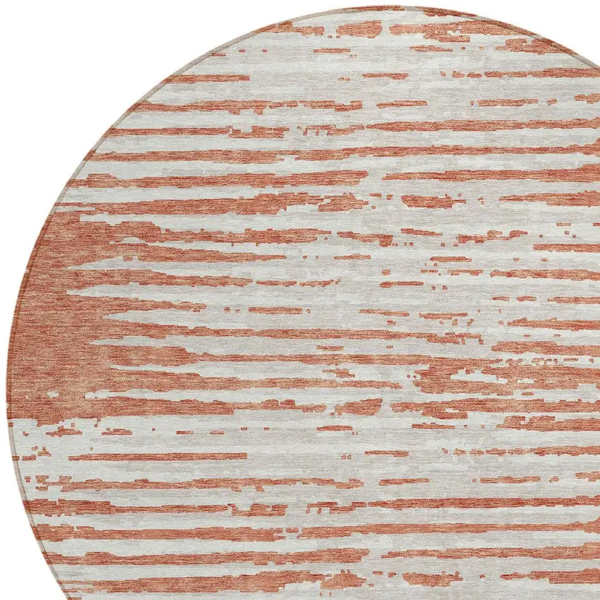 8' Coral And Ivory Round Striped Washable Indoor Outdoor Area Rug Photo 4