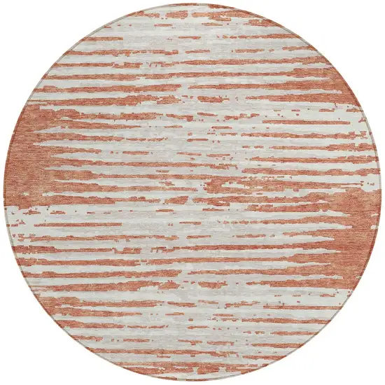 8' Coral And Ivory Round Striped Washable Indoor Outdoor Area Rug Photo 5