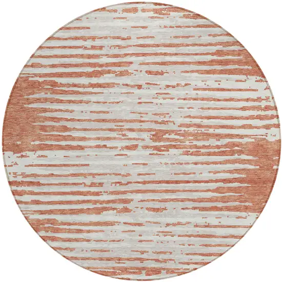 8' Coral And Ivory Round Striped Washable Indoor Outdoor Area Rug Photo 2
