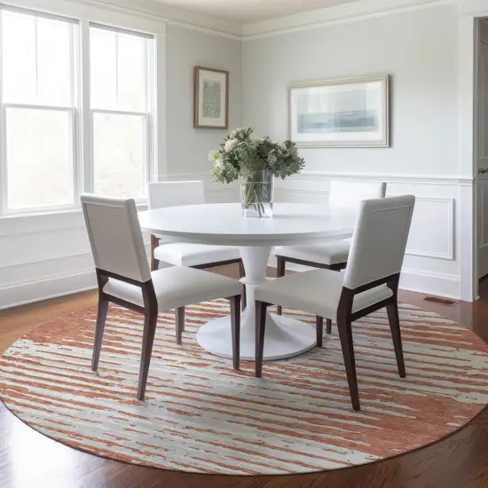 8' Coral And Ivory Round Striped Washable Indoor Outdoor Area Rug Photo 7