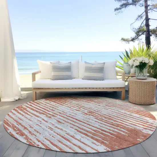 8' Coral And Ivory Round Striped Washable Indoor Outdoor Area Rug Photo 6