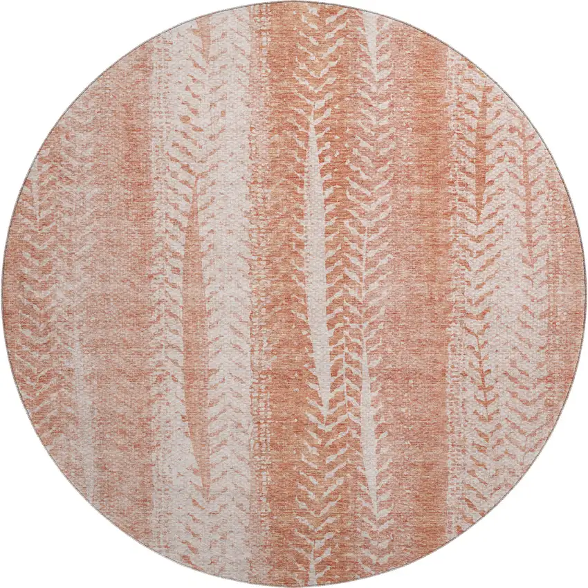 8' Coral And Ivory Striped Washable Round Rug With UV Protection Photo 1
