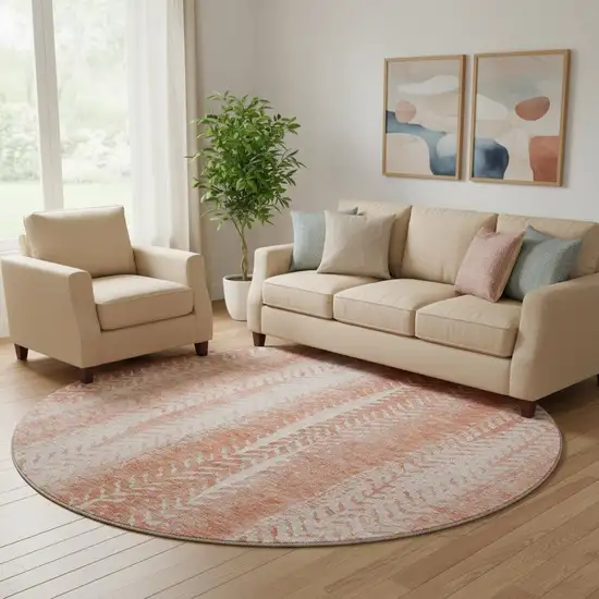 8' Coral And Ivory Striped Washable Round Rug With UV Protection Photo 1